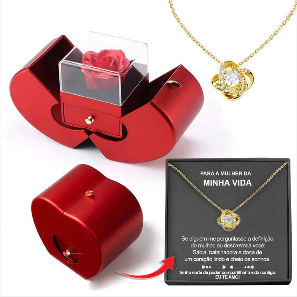 Fashion Jewelry Box Red Apple Christmas Gift Necklace Eternal Rose for Girl Mother'S Day Valentine'S Day Gifts with Artificial Flower Rose Flower Jewelry Box