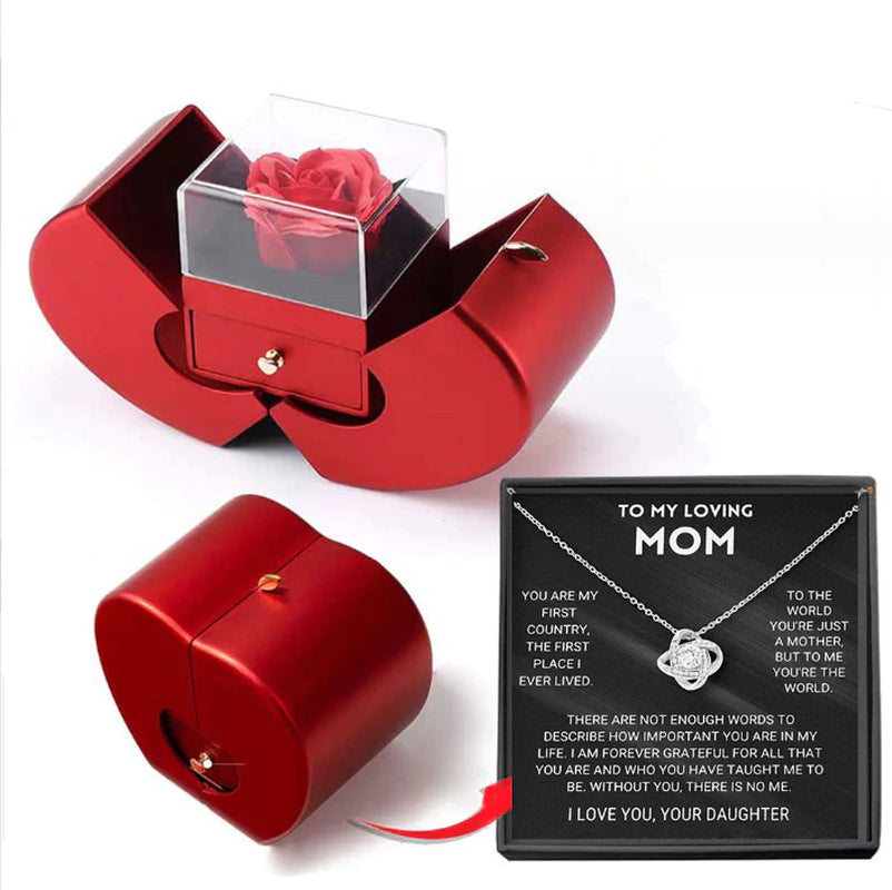 Fashion Jewelry Box Red Apple Christmas Gift Necklace Eternal Rose for Girl Mother'S Day Valentine'S Day Gifts with Artificial Flower Rose Flower Jewelry Box